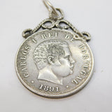 19th Century Portugal Sterling Silver 500 Reis Watch Chain Fob Medal Antique