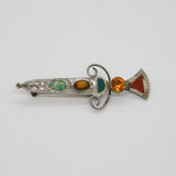 Scottish Sterling Silver Mixed Agate & Crystal Dirk Brooch Pin Vintage c1970