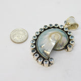 Sterling Silver Abalone Shell & Blue Topaz Large Charm Pendant Vintage c1970s
