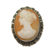 Art Deco Sterling Silver Mounted Carved Shell Cameo Brooch Antique c1920s