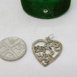 Sterling Silver I Love You Heart Charm Pendant Vintage c1970