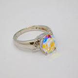 Sterling Silver Iridescent Glass Solitaire Dress Ring Vintage c1970 Size N 1/2