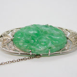 20th Century 9ct White Gold, Diamond & Carved Jade Floral Brooch Antique