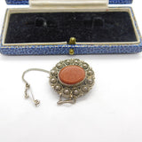 Sterling Silver & Goldstone Set Button Brooch Antique c1920 Art Deco