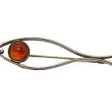 Continental .835 Silver Baltic Amber Christian Fish Symbol Brooch Vintage c1970