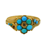 Victorian 15ct Yellow Gold, Turquoise & Diamond Floral Cluster Ring Antique