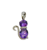 Sterling Silver Amethyst & Diamond Set Sitting Cat Charm Pendant Vintage c1970