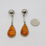 Pair of Sterling Silver Chunky Baltic Amber Long Drop Earrings Vintage c1980