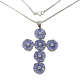 Sterling Silver & Tanzanite Set Floral Cross Pendant Necklace Vintage c2000s