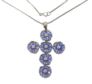 Sterling Silver & Tanzanite Set Floral Cross Pendant Necklace Vintage c2000s