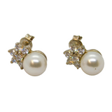 Pair of Sterling Silver Pearl & CZ Floral Cluster Stud Earrings Vintage c1990