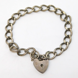 Sterling Silver Curb Link Charm Bracelet Heart Lock Clasp Vintage c1970