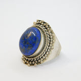 Silver Plated Lapiz Cabochon Large Oval Dress Ring Vintage c1970 Size O