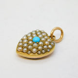 Victorian 14ct Gold Pave Set Pearl & Turquoise Puffy Heart Locket Pendant c1890s