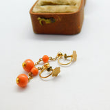 9ct Yellow Gold & Carved Ball Red Coral Drop Clip-On Earrings c1880 Antique