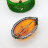 Sterling Silver Cabochon Cut Baltic Amber Brooch Pin Antique c1920 Art Deco