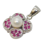 Sterling Silver, Ruby & Pearl Set Floral Drop Pendant Vintage c1990s