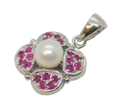 Sterling Silver, Ruby & Pearl Set Floral Drop Pendant Vintage c1990s
