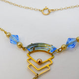 15ct Yellow Gold, Blue Glass & Pearl Lavalier Drop Necklace Antique c1930 Deco