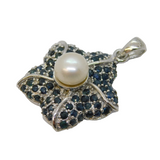 Sterling Silver, Sapphire & Pearl Floral Drop Pendant Vintage c1990s