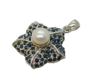 Sterling Silver, Sapphire & Pearl Floral Drop Pendant Vintage c1990s