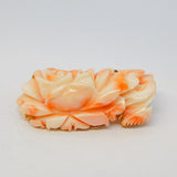 Chinese Yellow Metal Carved Angel Skin Coral Floral Brooch Antique c1940