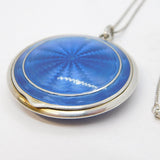 20th Century .935 Silver Blue Guilloche Enamel Compact Pendant Necklace Antique