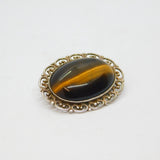 Sterling Silver Oval Tiger's Eye Patterned Edge Brooch Pin Vintage c1970