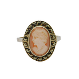 Sterling Silver Carved Cameo Marcasite Deco Dress Ring Antique c1930 Size M 1/2