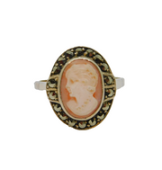 Sterling Silver Carved Cameo Marcasite Deco Dress Ring Antique c1930 Size M 1/2