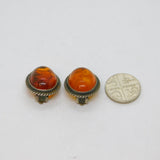 Pair of Sterling Silver Baltic Amber Oval Clip-On Earrings Vintage c1970