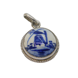 Sterling Silver Dutch Delft Ceramic Windmill Scene Round Pendant Vintage c1970