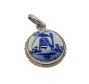 Sterling Silver Dutch Delft Ceramic Windmill Scene Round Pendant Vintage c1970