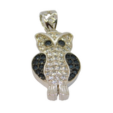Sterling Silver Black & White Crystal Wise Owl Charm Pendant Modern c1990s
