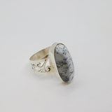 Sterling Silver Cabochon Moss Agate Patterned Studio Ring Vintage c1980 Size T