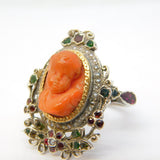 Austro-Hungarian Silver & Gold, Coral Cherub, Emerald & Ruby Ring Antique
