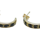 Pair of Sterling Silver Black & Cream Enamel Pattern Hoop Earrings Vintage c1970