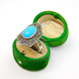 Sterling Silver Synthetic Turquoise & Marcasite Dress Ring Modern c1990 Size P