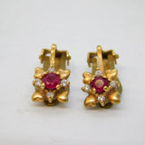 9ct Yellow Gold, Ruby & Diamond Clip-On Floral Earrings Vintage c1970s