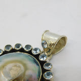 Sterling Silver Abalone Shell & Blue Topaz Large Charm Pendant Vintage c1970s