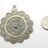 Sterling Silver Large Filigree and Turquoise Shield Charm Pendant Vintage c1970