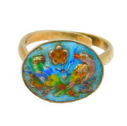 Sterling Silver Gilt Colourful Enamel Birds & Flowers Dress Ring Vintage c1950