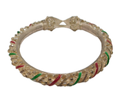 Indian Sterling Silver & Red-Green Enamel Cuff Bangle Bracelet Vintage c1950