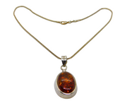 Sterling Silver Baltic Amber Large Oval Drop Pendant Necklace Contemporary c2000