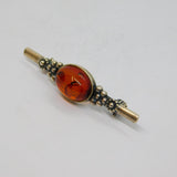 Sterling Silver Oval Baltic Amber Floral Pattern Brooch Pin Vintage c1970