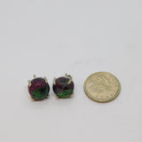 Pair of Sterling Silver Rainbow Flourite Round Stud Earrings Vintage c1970