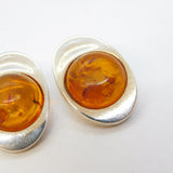 Pair of Sterling Silver & Baltic Amber Modernist Clip-On Earrings Vintage c1970s