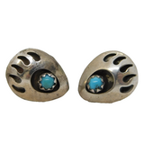 Navajo Sterling Silver & Turquoise Bear Paw Stud Earrings Vintage c1970s