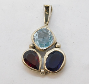 Sterling Silver, Topaz, Garnet & Amethyst Drop Pendant Vintage c1990s
