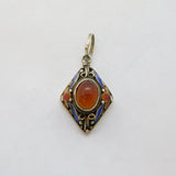 20th Century Chinese Export Sterling Silver, Carnelian & Enamel Drop Pendant
